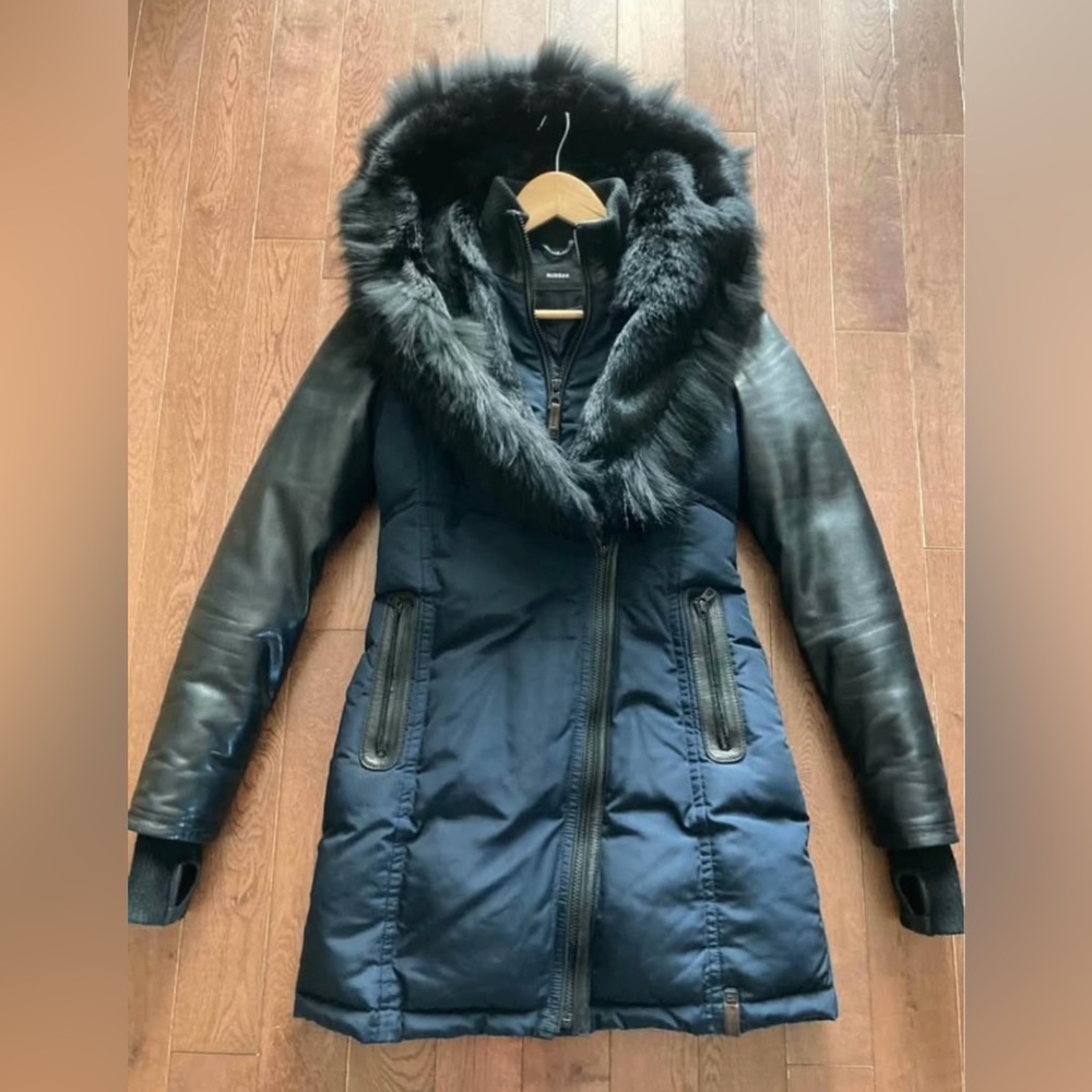 RUDSAK Grace down quilted parka winter coat jacket - Navy and black leather XS